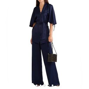 Les Heroines by Vanessa Cocchiaro Wide Leg Trouser Pants Navy Blue Satin Size 8